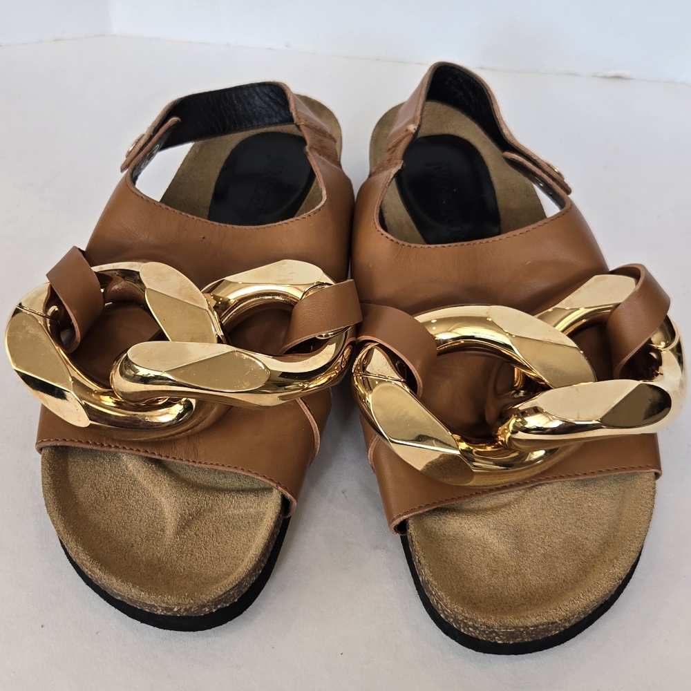 J.W. Anderson Brown Leather Gold Chain - Link Sandals